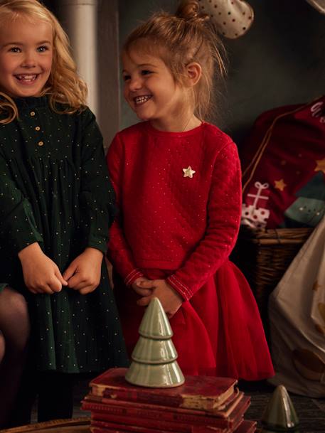 Kerstmeisjesjurk van twee soorten materiaal baksteenrood - vertbaudet enfant 