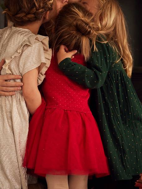 Kerstmeisjesjurk van twee soorten materiaal baksteenrood - vertbaudet enfant 