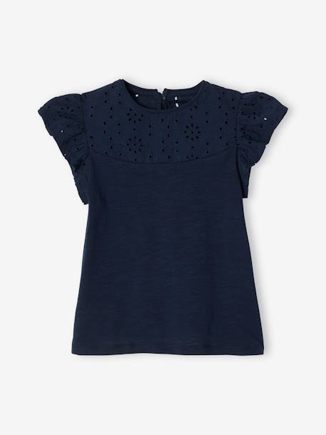 Meisjesshirt van Engels borduurwerk en mouwen met stroken marineblauw+WIT+ZACHTGROEN - vertbaudet enfant 
