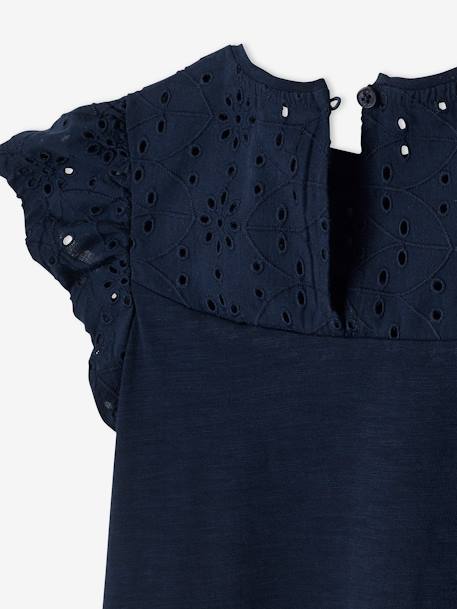 Meisjesshirt van Engels borduurwerk en mouwen met stroken marineblauw+WIT+ZACHTGROEN - vertbaudet enfant 