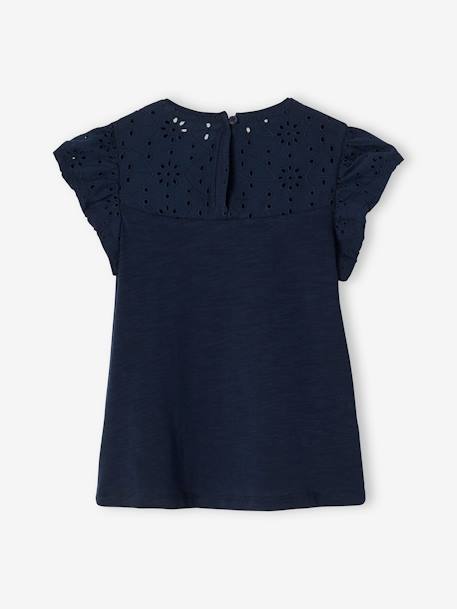 Meisjesshirt van Engels borduurwerk en mouwen met stroken marineblauw+WIT+ZACHTGROEN - vertbaudet enfant 