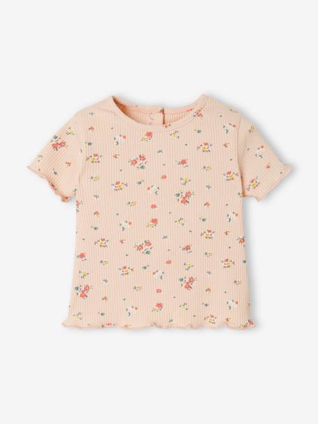Babyshirt met bloemen in geribbeld tricot bedrukt grijsachtig roze - vertbaudet enfant 