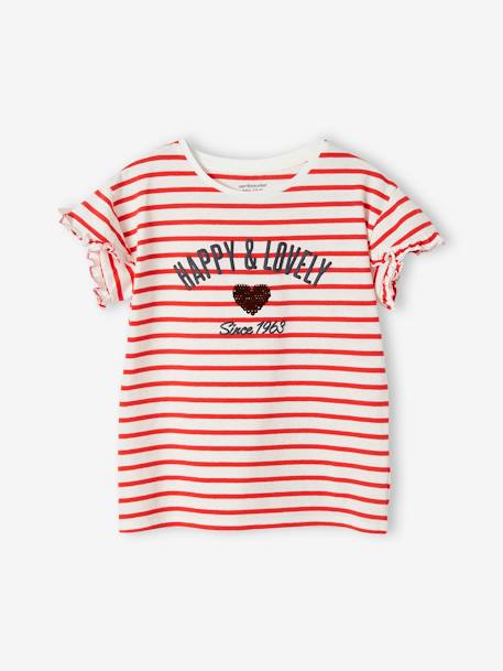 Gestreept t-shirt met paillettenhartje voor meisjes gestreept ecru - vertbaudet enfant 