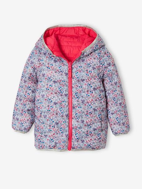 Lichtgewicht omkeerbaar meisjesjack met capuchon en gerecyclede polyester voering nachtblauw+roze met print - vertbaudet enfant 
