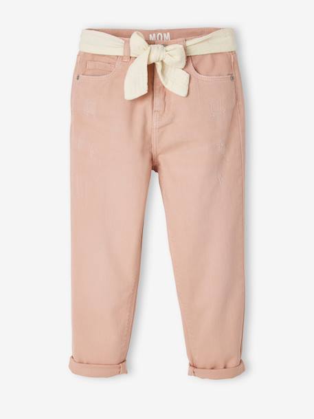 'Mom fit' broek en sjaalriem van katoengaas voor meisjes mosterdgeel+perzik+roze - vertbaudet enfant 