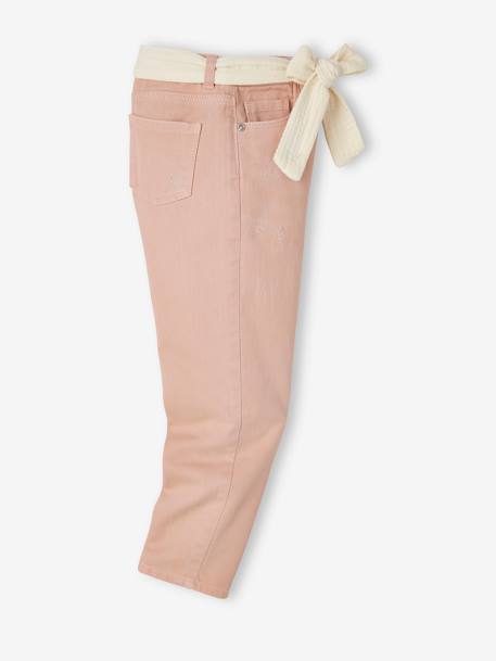 'Mom fit' broek en sjaalriem van katoengaas voor meisjes mosterdgeel+perzik+roze - vertbaudet enfant 