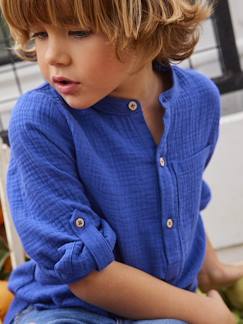 Jongens-Overhemd-Jongensoverhemd van katoengaas met oprolbare mouwen