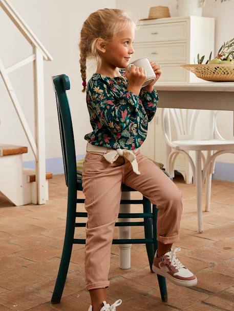 'Mom fit' broek en sjaalriem van katoengaas voor meisjes mosterdgeel+perzik+roze - vertbaudet enfant 