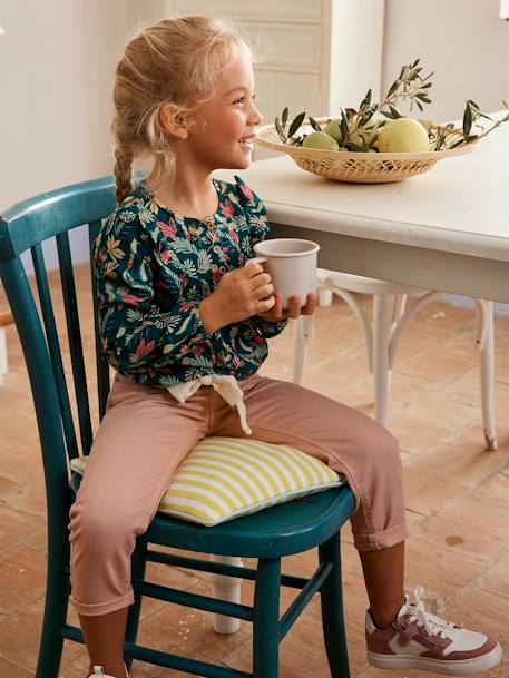 'Mom fit' broek en sjaalriem van katoengaas voor meisjes mosterdgeel+perzik+roze - vertbaudet enfant 