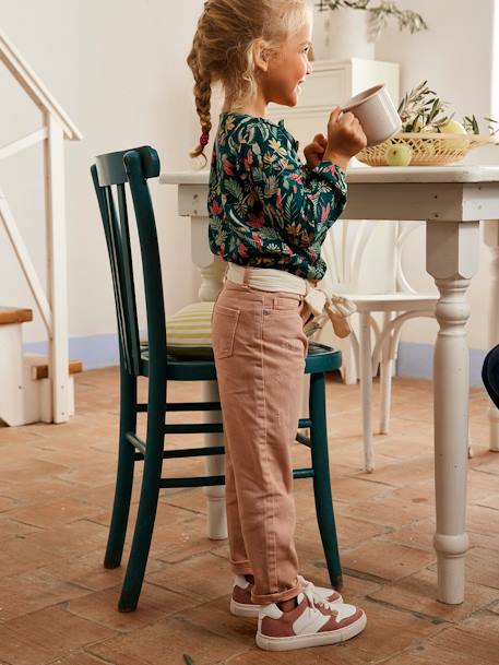 'Mom fit' broek en sjaalriem van katoengaas voor meisjes mosterdgeel+perzik+roze - vertbaudet enfant 