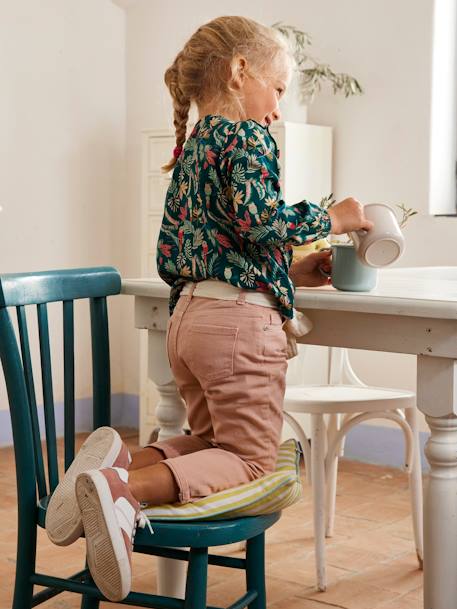 'Mom fit' broek en sjaalriem van katoengaas voor meisjes mosterdgeel+perzik+roze - vertbaudet enfant 