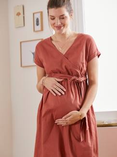 Zwangerschapskleding-Jurk-Lange wikkeljurk van linnen en katoen, zwangerschap en borstvoeding