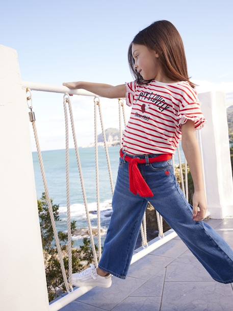 Gestreept t-shirt met paillettenhartje voor meisjes gestreept ecru - vertbaudet enfant 