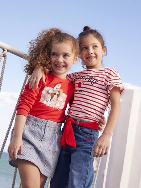 Gestreept t-shirt met paillettenhartje voor meisjes gestreept ecru - vertbaudet enfant 