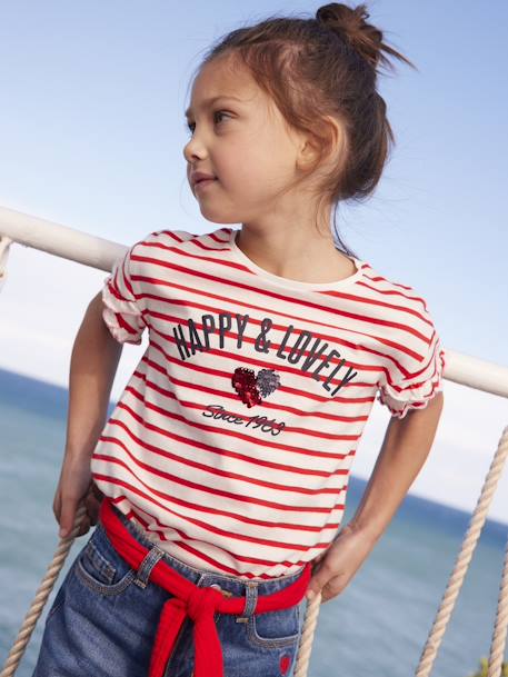Gestreept t-shirt met paillettenhartje voor meisjes gestreept ecru - vertbaudet enfant 