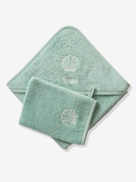 Badcape + washand personaliseerbaar Oeko-Tex® blauwgroen+framboos+medium blauw+oker+poederroze+wit+zeegroen - vertbaudet enfant 