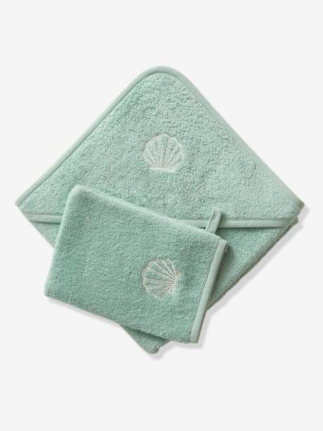 Badcape + washand personaliseerbaar Oeko-Tex® blauwgroen+framboos+medium blauw+oker+poederroze+wit+zeegroen - vertbaudet enfant 