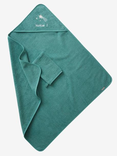 Badcape + washand personaliseerbaar Oeko-Tex® blauwgroen+framboos+medium blauw+oker+poederroze+wit+zeegroen - vertbaudet enfant 