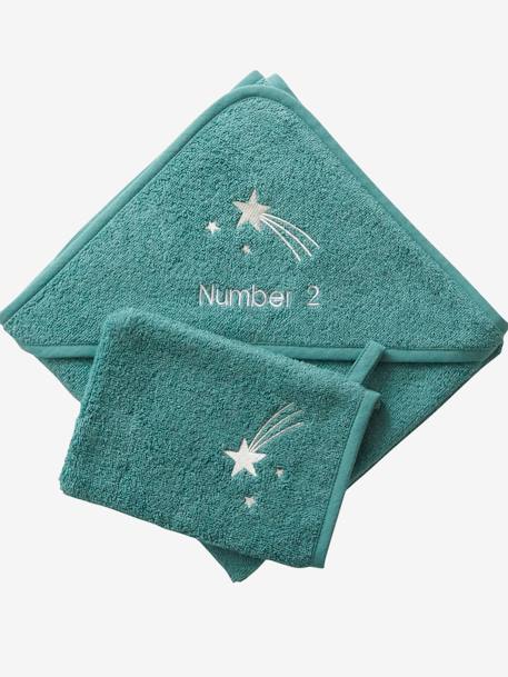 Badcape + washand personaliseerbaar Oeko-Tex® blauwgroen+framboos+medium blauw+oker+poederroze+wit+zeegroen - vertbaudet enfant 