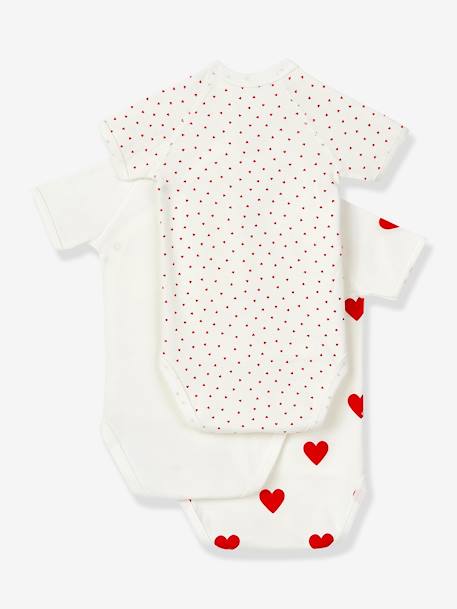 Set van 3 gekruiste babyrompertjes met korte mouwen en harten in biokatoen PETIT BATEAU wit - vertbaudet enfant 