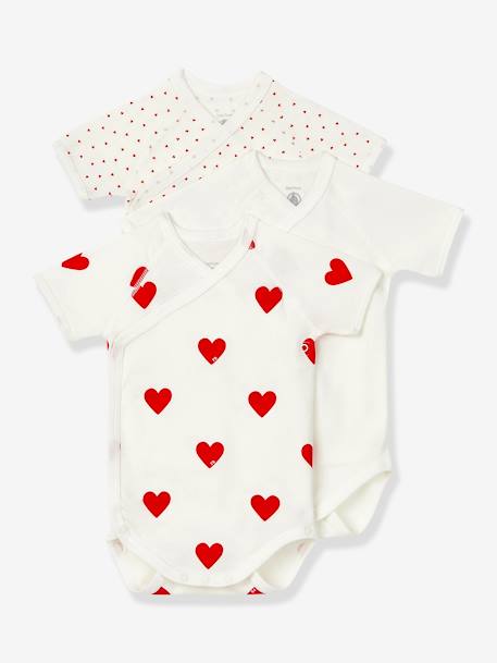 Set van 3 gekruiste babyrompertjes met korte mouwen en harten in biokatoen PETIT BATEAU wit - vertbaudet enfant 