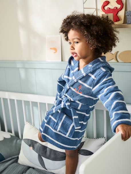 Personaliseerbare gestreepte kinderbadjas met capuchon Oeko-Tex® blauw/wit - vertbaudet enfant 