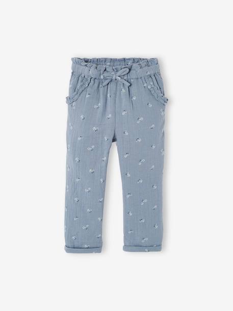 Driekwartsbroek voor meisjes met bloemenprint in katoengaas antraciet+blauw - vertbaudet enfant 