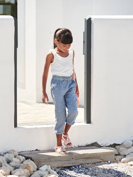 Driekwartsbroek voor meisjes met bloemenprint in katoengaas antraciet+blauw - vertbaudet enfant 