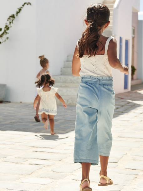 Wijde 'paperbag'-driekwartmeisjesbroek van licht denim double stone+middenblauw - vertbaudet enfant 