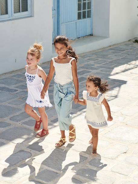 Wijde 'paperbag'-driekwartmeisjesbroek van licht denim double stone+middenblauw - vertbaudet enfant 