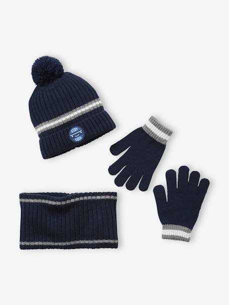 Set muts + snood + handschoenen voor jongens van geribbeld tricot marine - vertbaudet enfant 