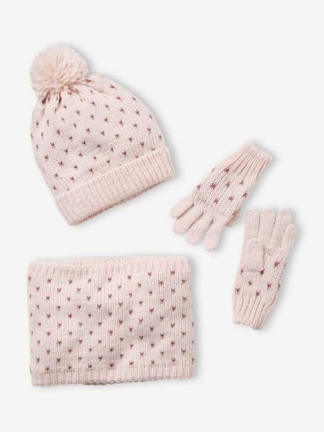 Set muts + snood + handschoenen met hartjes meisje Roze - vertbaudet enfant 