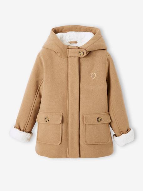 Mantel met capuchon van wol met sherpa voering voor meisjes bordeauxrood+donkergroen+geel - vertbaudet enfant 