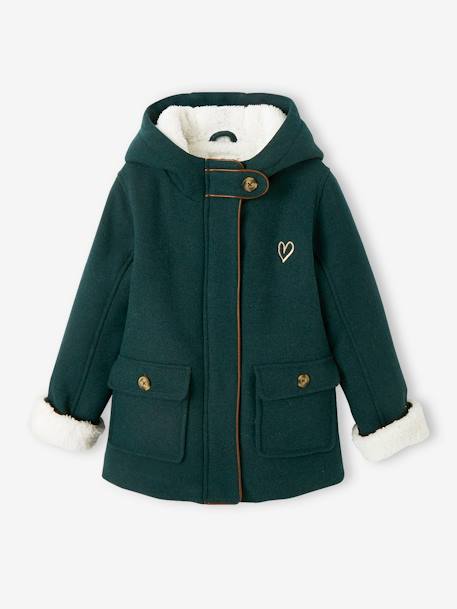 Mantel met capuchon van wol met sherpa voering voor meisjes bordeauxrood+donkergroen+geel - vertbaudet enfant 