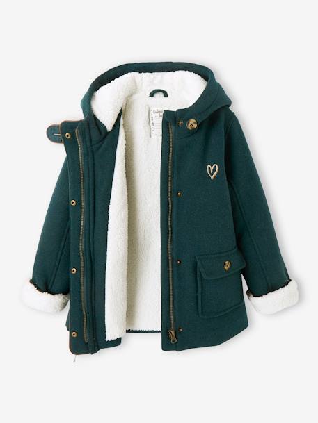 Mantel met capuchon van wol met sherpa voering voor meisjes bordeauxrood+donkergroen+geel - vertbaudet enfant 