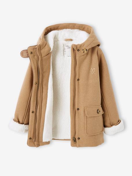 Mantel met capuchon van wol met sherpa voering voor meisjes bordeauxrood+donkergroen+geel - vertbaudet enfant 