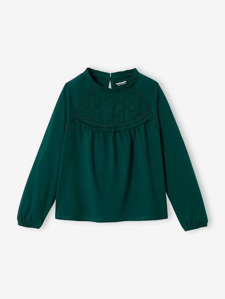 Shirt van Engels borduurwerk voor meisjes bleekblauw+donkergroen+ecru+marineblauw+zachtpaars - vertbaudet enfant 