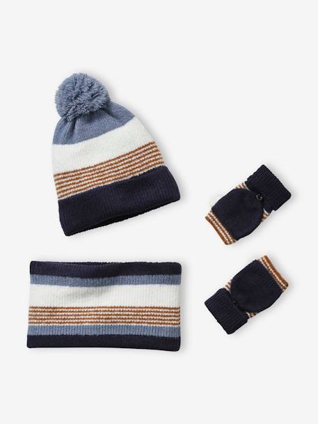 Gestreepte set van muts + snood + handschoenen voor jongens grijs+marine - vertbaudet enfant 