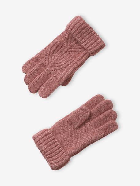 Set van muts + snood + wanten in kabelbreiwerk gemêleerd grijs+ROZE - vertbaudet enfant 