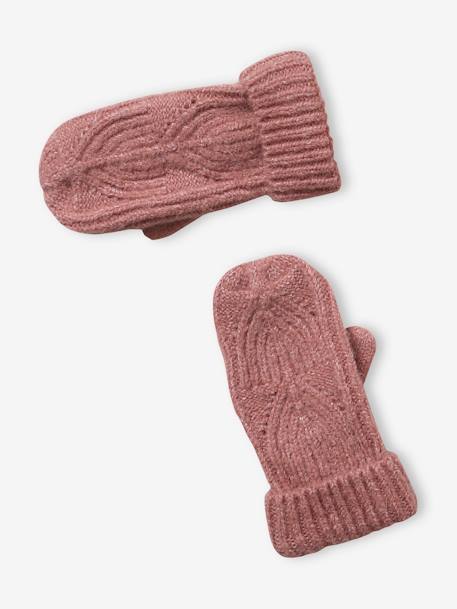 Set van muts + snood + wanten in kabelbreiwerk gemêleerd grijs+ROZE - vertbaudet enfant 