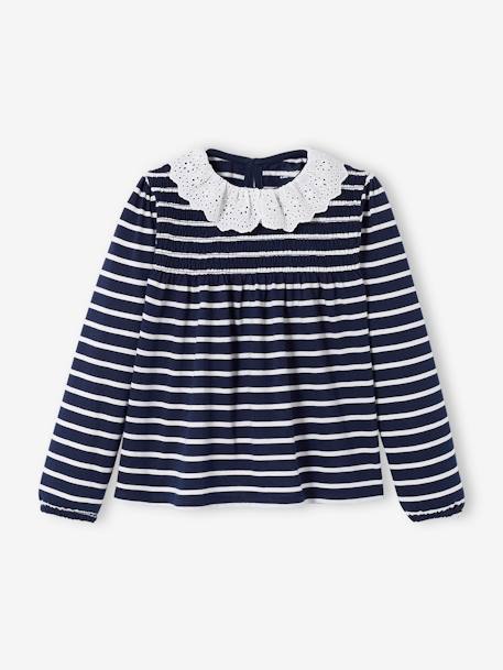 T-shirt-blouse met col en Engels borduursel meisjes gestreept marineblauw+roze (poederkleur) - vertbaudet enfant 
