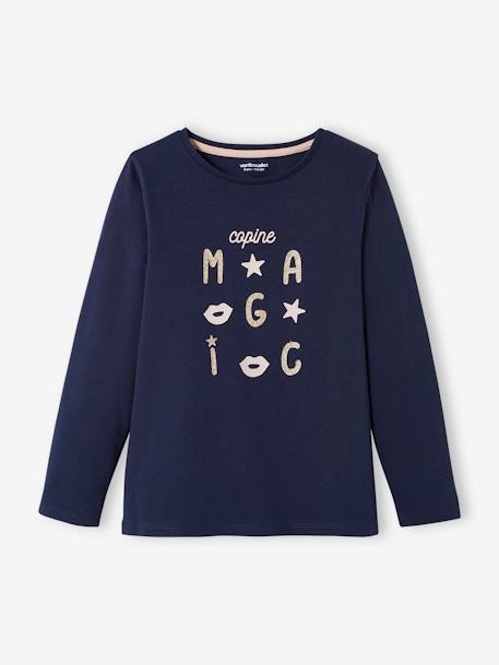 Meisjesshirt met iriserend detail en lange mouwen marineblauw+poederroze - vertbaudet enfant 