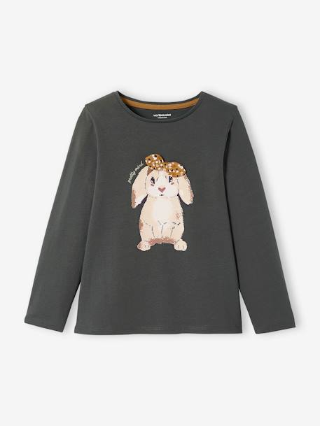 Shirt met konijnmotief en sierstrik voor meisjes donkergrijs+smaragdgroen - vertbaudet enfant 
