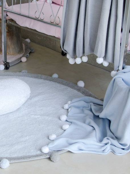 Rond afwasbaar katoenen tapijt met pompons LORENA CANALS grijsblauw+rozen - vertbaudet enfant 