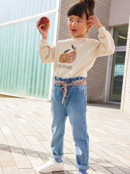 Paperbag jeans met bloemenriem voor meisjes denimgrijs+onbewerkt denim+stone+zwart - vertbaudet enfant 