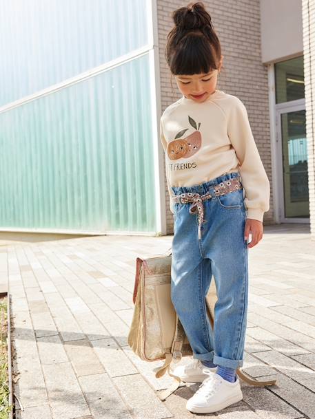 Paperbag jeans met bloemenriem voor meisjes denimgrijs+onbewerkt denim+stone+zwart - vertbaudet enfant 