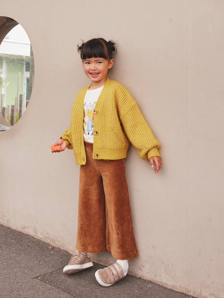 Wijde, fluwelen broek voor meisjes antraciet+bruin+chocoladebruin+ecru+grijsblauw+kaki+pruim+rozen+zachtpaars - vertbaudet enfant 