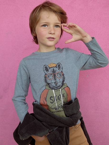 Oeko-Tex® fun T-shirt met lange mouwen en kattenmotief voor jongens grijs chiné+kaki+karamel - vertbaudet enfant 