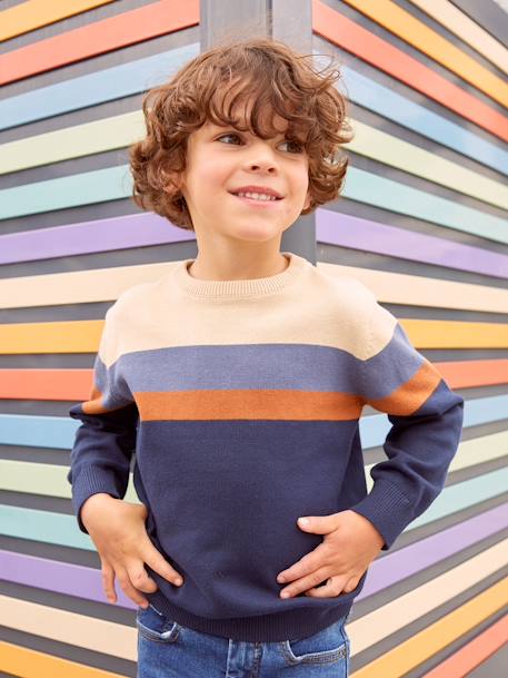 Trui met brede strepen voor jongens in fijn gebreide Oeko-Tex® stof ECRU GESTREEPT - vertbaudet enfant 