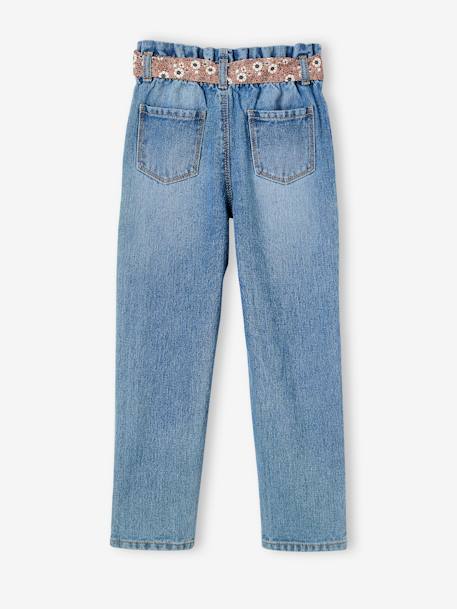 Paperbag jeans met bloemenriem voor meisjes denimgrijs+onbewerkt denim+stone+zwart - vertbaudet enfant 